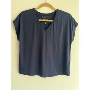 Calypso St. Barth Organic Cotton Navy Blue V-neck Cap Sleeve T-shirt (size S)